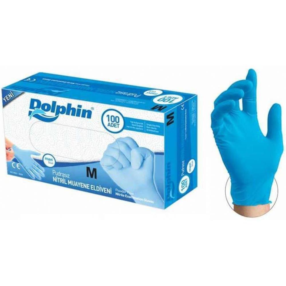 Dolphin Nitril Muayene Eldiveni Pudrasız Mavi 100 LÜ