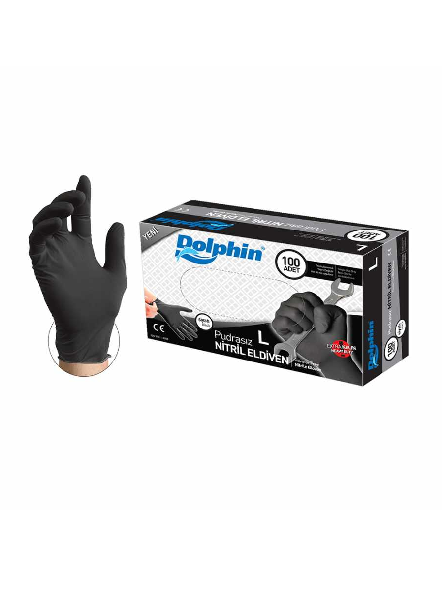 Dolphin Nitril Muayene Eldiveni Pudrasız Siyah 100 LÜ